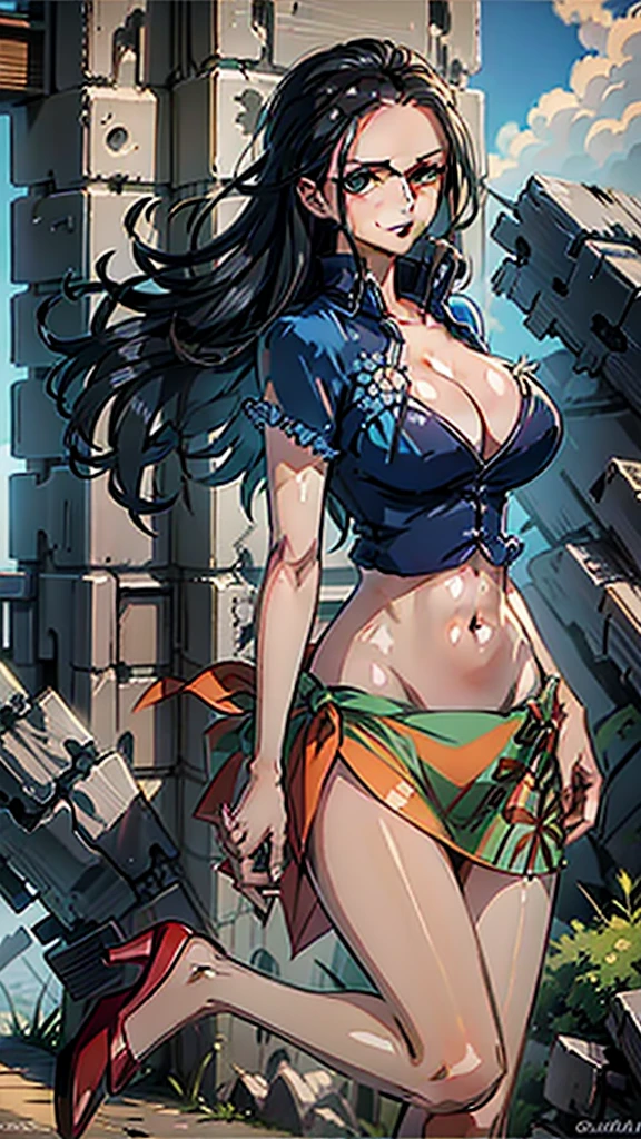 (((masterpiece))), Haigress, Nico Robin, One girl, alone, Long Hair, View your viewers, smile, blue eyes, skirt, Large Breasts, shirt, Black Hair, belly button, Cleavage, very Long Hair, Mouth closed, clavicle, whole body, Short sleeve, abdomen, High heels, Crop top, sunglasses, blue shirt, Wear glasses on your head, orange long skirt, handrail, I slicked my hair back., Partially defrosted, Place your hands at your sides,