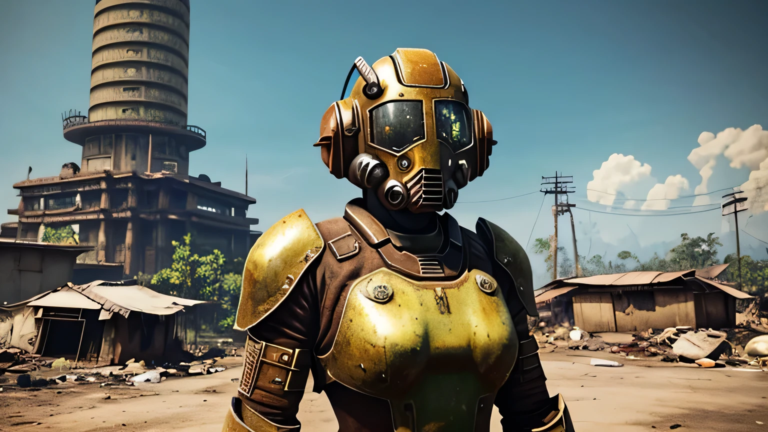 fallout, indonesia theme, post-apocalyptic, jakarta, nation, identic, vernacular, authentic, realistic, indonesia, fallout 4 style, a human inside big power armor showing to camera upclose