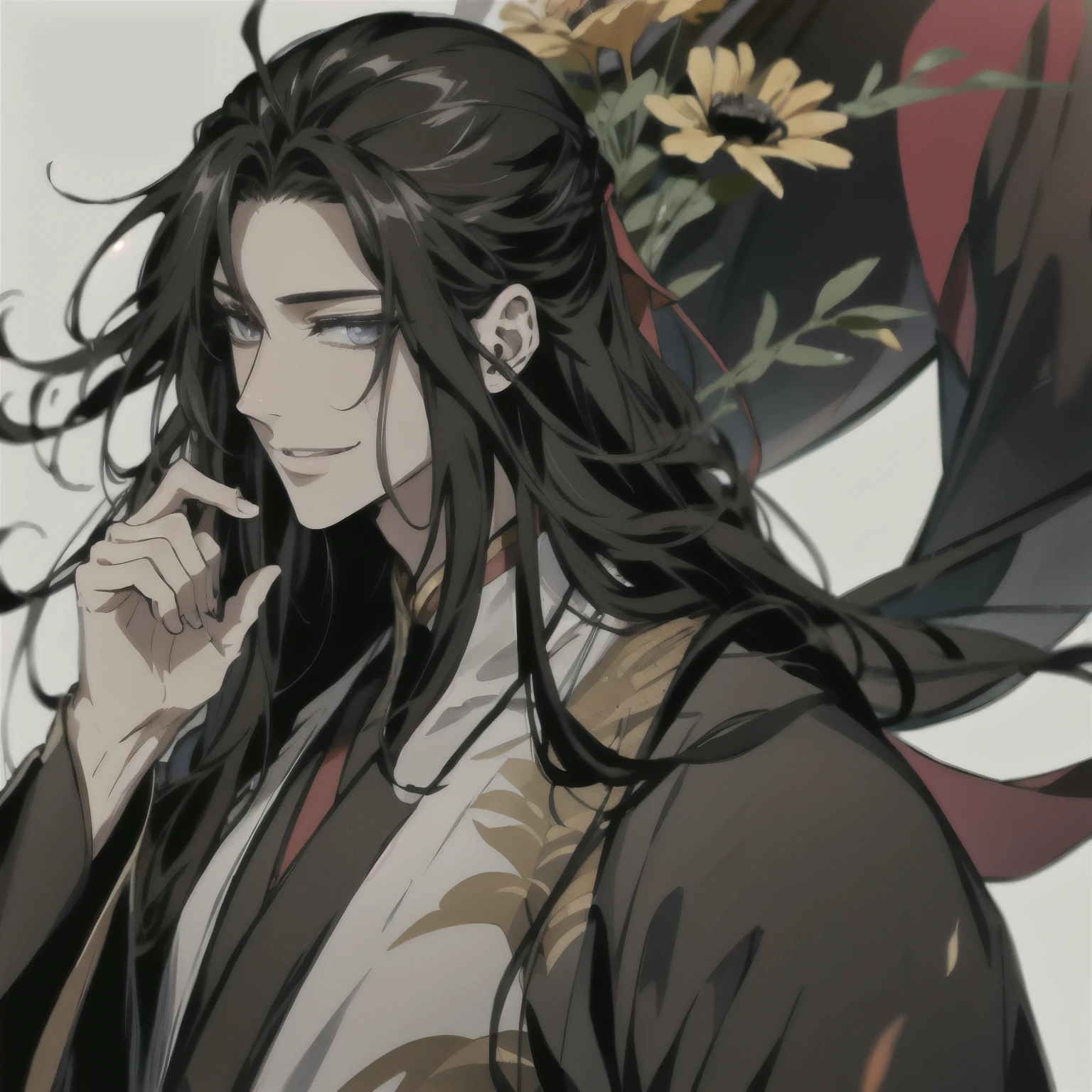 (masterpiece, best quality:1.2), 1male, solo, wei wuxian, mo dao zu shi, mdzs, black clothes, grey eyes, long black hair, perfect anatomy, smile, Acacia flowers