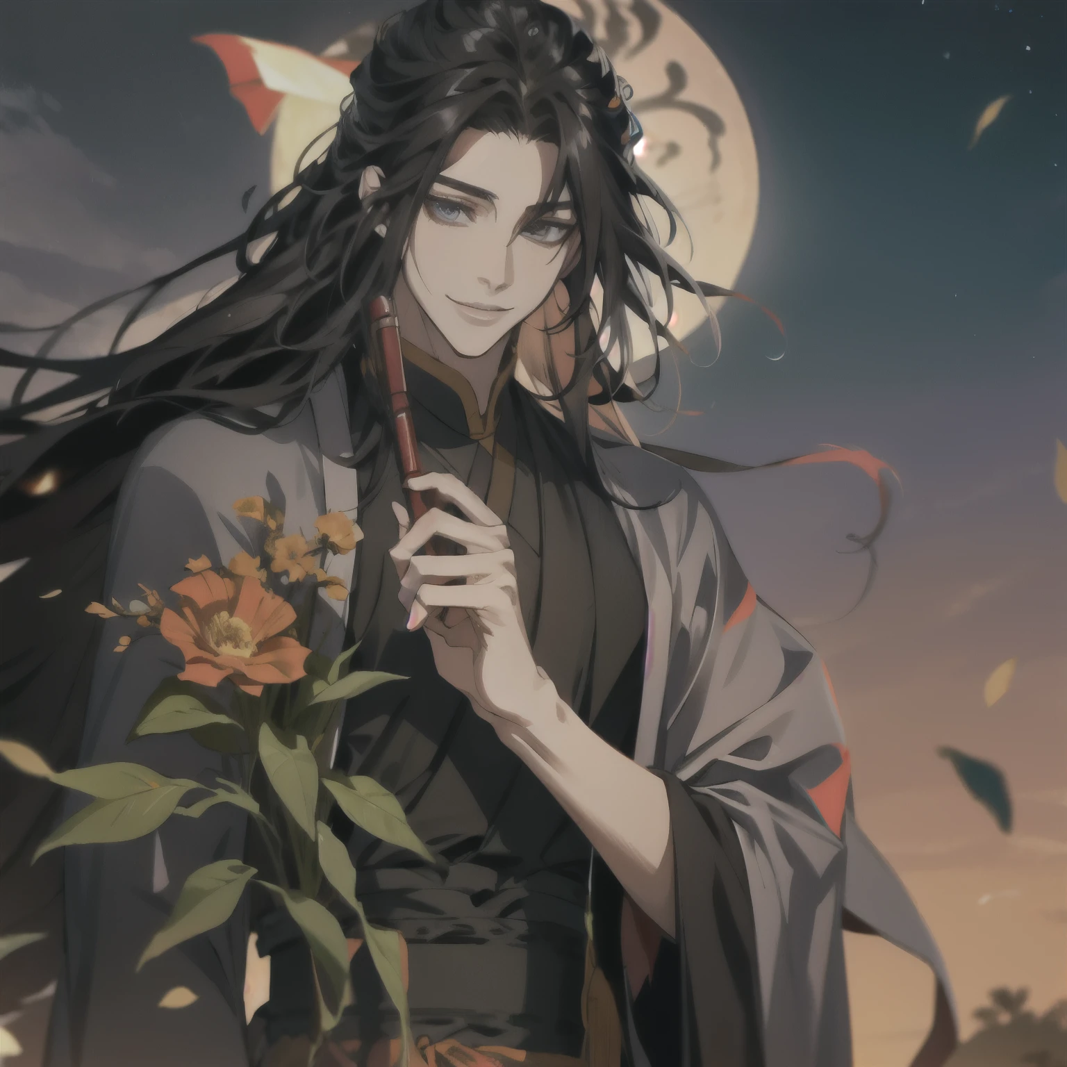 (masterpiece, best quality:1.2), 1male, solo, wei wuxian, mo dao zu shi, mdzs, black clothes, grey eyes, long black hair, perfect anatomy, smile, Acacia flowers