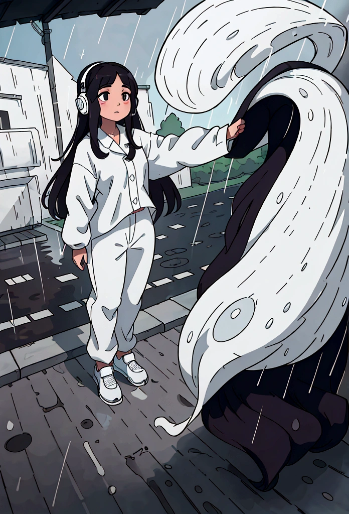 full body wide angle shot of a latina girl, long dark loosen straight hair, with white headphones and white pijamas standing outside of her house on the street while raining, opening her arms feeling the rain happy, photo from far away