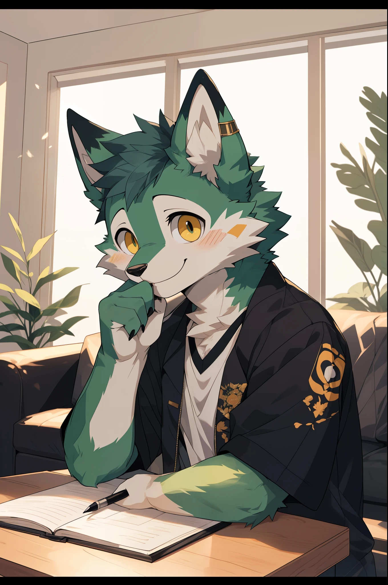 (highest resolution, Dynamic HDR, 4K, full HD) , furry, 18 years old, green fur wolf, green body, yellow eyes, Random clothes, shrink, bodyส่วนบน, round_cornea, Smiling faces, shy, cute, living room, slim_body, clear face, holding pen