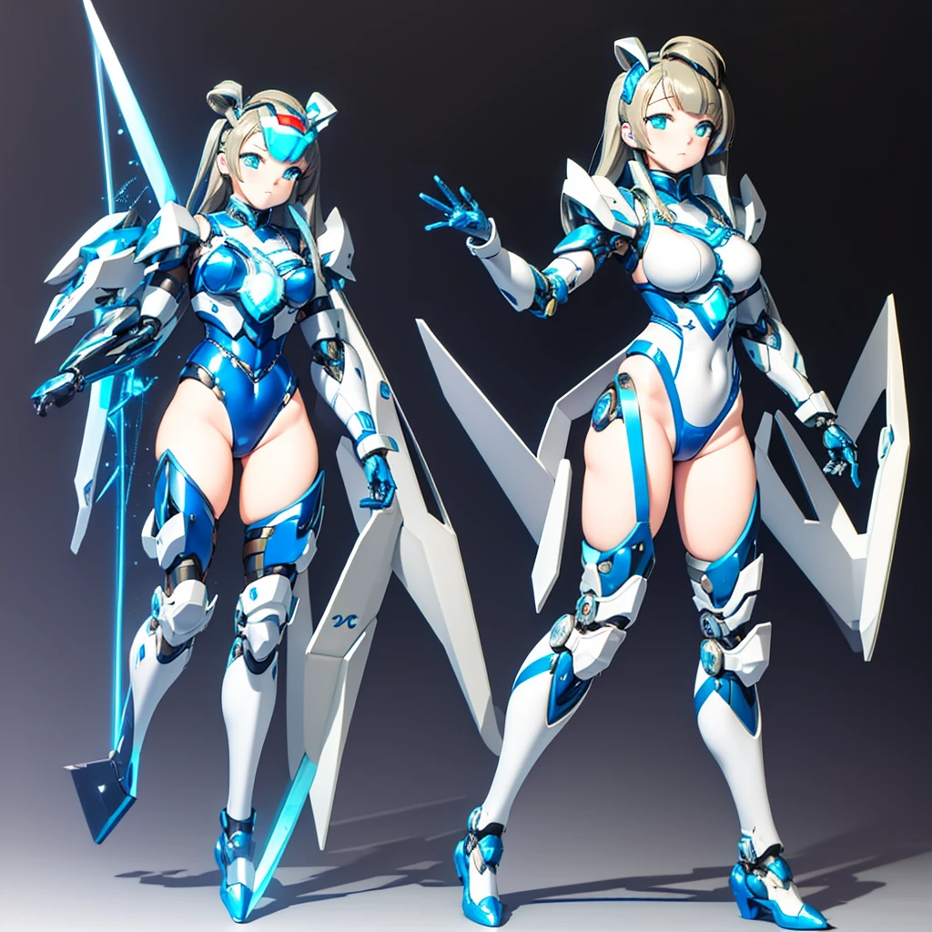 masterpiece, high quality, Cyborgization、Gynoid Cyborg Body、The face is of Minami Kotori.、mechanical parts、Blue and white leotard armor、solo focus、Single image、from front, full body、Mechabare、damage、The body is destroyed, exposing the precision machinery、Barcode on thigh