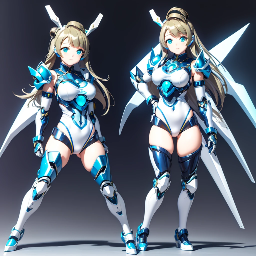 masterpiece, high quality, Cyborgization、Gynoid Cyborg Body、The face is of Minami Kotori.、mechanical parts、Blue and white leotard armor、solo focus、Single image、from front, full body、Mechabare、damage、The body is destroyed, exposing the precision machinery、Barcode on thigh