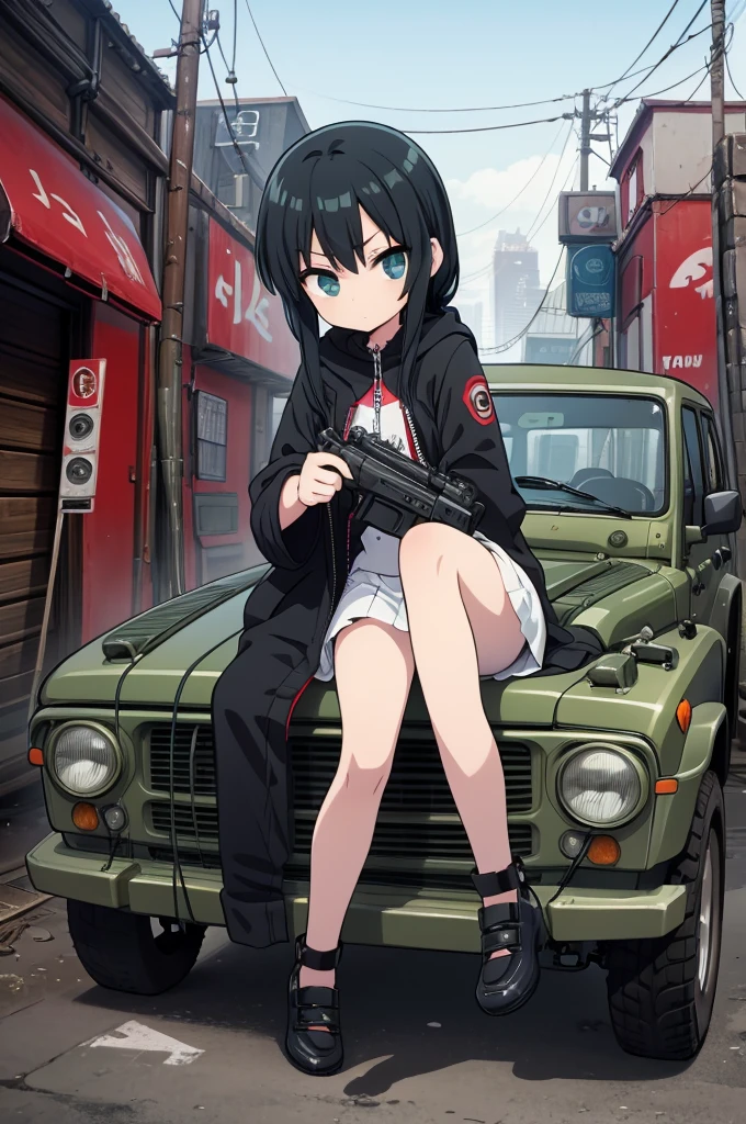 girl similar to gorillaz noodles, braided black hair,(( drawing )) ((anime girl nose)), shabby clothes, leaning against an old jeep, rusty and modified with parts from other cars, and a machine gun fixed to the jeep's bed, cyberpunk image