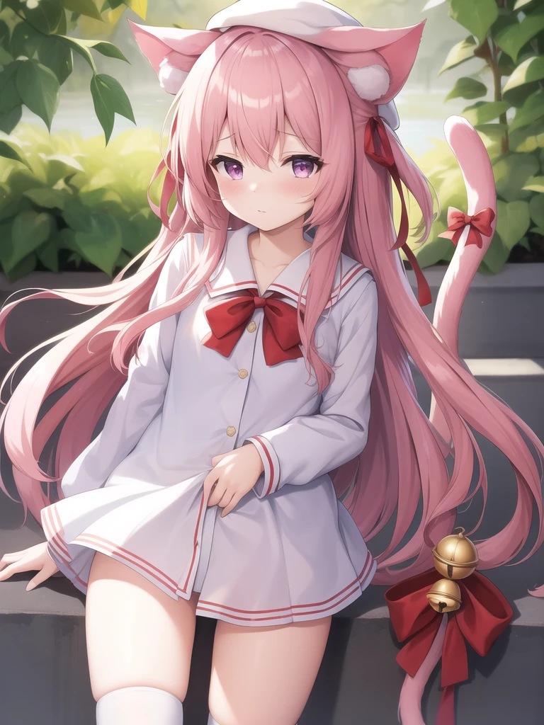 (masterpiece, best quality:1.2),illustration,8k,hd,1girl,solo,animal_ears,cat_ears,long_hair,pink_hair,ribbon,tail,cat_tail,pink_eyes,hat,bell,bow,animal_ear_fluff,jingle_bell,tail_ornament,one_side_up,school_hat,cat_girl,tail_ribbon,very_long_hair,hair_between_eyes,aqua_shirt,ears_through_headwear,kindergarten_uniform,long_sleeves,shirt,yellow_headwear,bangs,red_ribbon,hair_ribbon,tail_bell,tail_bow,white_thighhighs,purple_eyes,bowtie,red_bow,yellow_bow,white_sailor_collar,no_pants,diaperwhite_diaper,cowboy_shot,