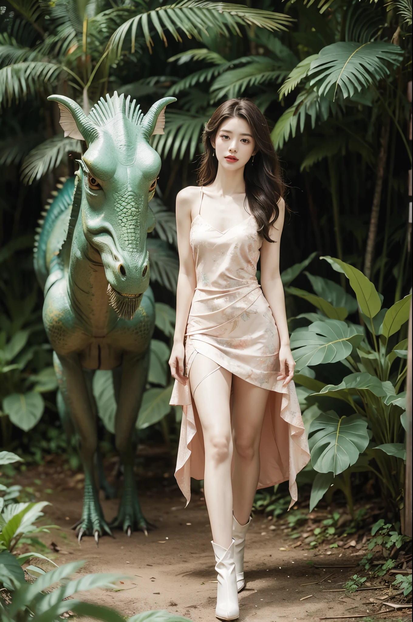 (((best quality))),(((ultra detailed))),(((masterpiece))),illustration,1girl,solo,enchanting beauty, elegance, confidence,shoulder length straight hair,slim,thin,flat chest,small breasts,standing,vibrant red lipstick, sleek forest green dress, above knees, s intricate floral patterns, stylish boots, calf-high, adventure, lush prehistoric forest, Jurassic Park, (vibrant pink dinosaur:1.2), pastel scales, tall proud, long neck, massive rounded body, majestic presence, powerful legs, gentle intelligent eyes, unforgettable bond, towering ferns, lush undergrowth, captivating backdrop, vines, towering trees, delicate flowers, sweet scent, gentle rustling, soft melodic breeze, mystical, adventure, wonder, extraordinary encounter, timeless journey, etched in time, extraordinary encounters, unknown