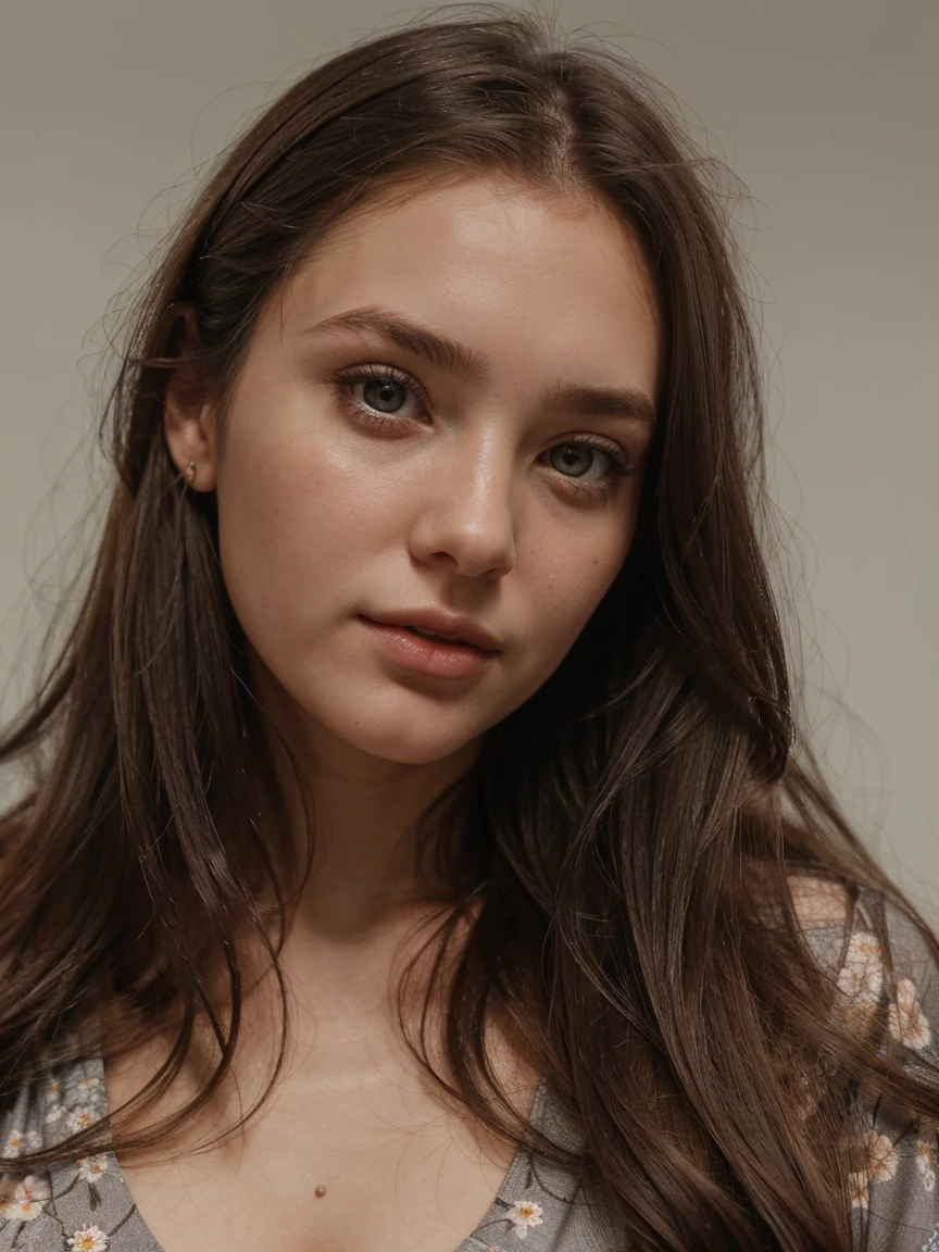 Girl face in close up, grey long hair, floral dress, upper buttons open, blurry background, (detailed skins, beautiful Caucasian face),