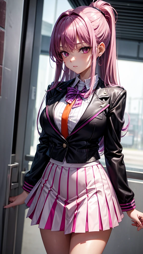 She is a teenager with purple hair and pink highlights., has piercing red eyes, has a slender body, breasts big, wears a white striped skirt, and orange blouse, with a black jacket.