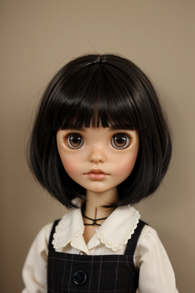 A blythe doll with medium short black hair, small brown eyes with bangs