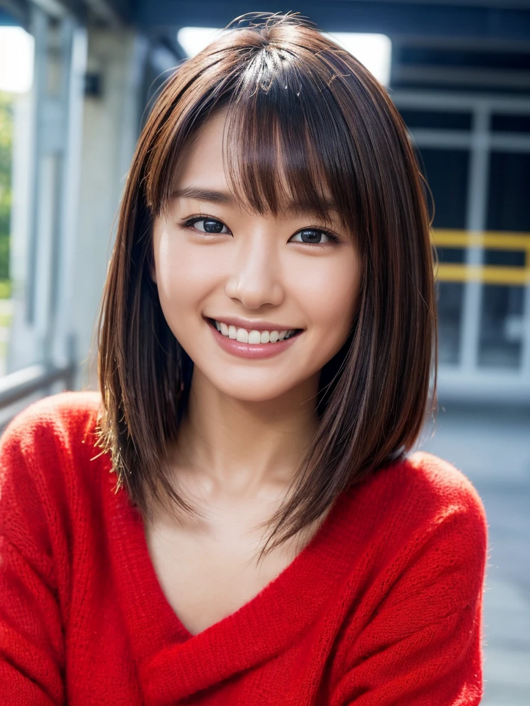 (masterpiece:1.2), Very detailed, Ultra-high resolution, (Realistic, photo Realistic:1.37), High-resolution RAW color photos, Professional photos, Dramatic lighting, Sharp focus:1.2, (Very detailed顔と肌の質感, Very beautiful eyes, Glossのある肌, Glowing Skin, Glowing Skin, Shining Face, Gloss, Oily skin, greasy face, Oily skin, greasy face, 強いGloss), (whole body:1.2), Very detailed背景, 1 female, 30-year-old woman, Japanese women, (Medium Hair, Straight hair, bangs:1.3, Brown Hair), (Lean:Weight 1.0), (Flat Chest:1.3), Female portrait photography、Upper Body, (Blurred Background、Station platform), from the front撮った写真、from the front、Looking into the camera、(Smile:1.5), (Tilt your head:1.3), (Bright red sweater)