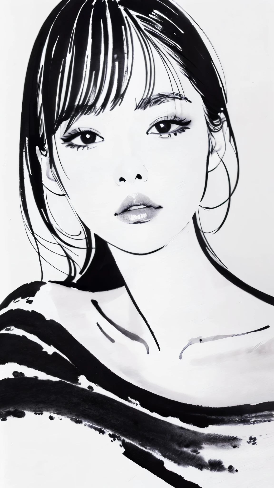 (masterpiece:1.2),(Highest quality),(Very detailed:,(High resolution),((Ink Painting)),((Monochrome)),8K,Woman Drawing,Beautiful Japanese Woman,((Black Hair)),Short Bob,Close-up of face,(sleepy)