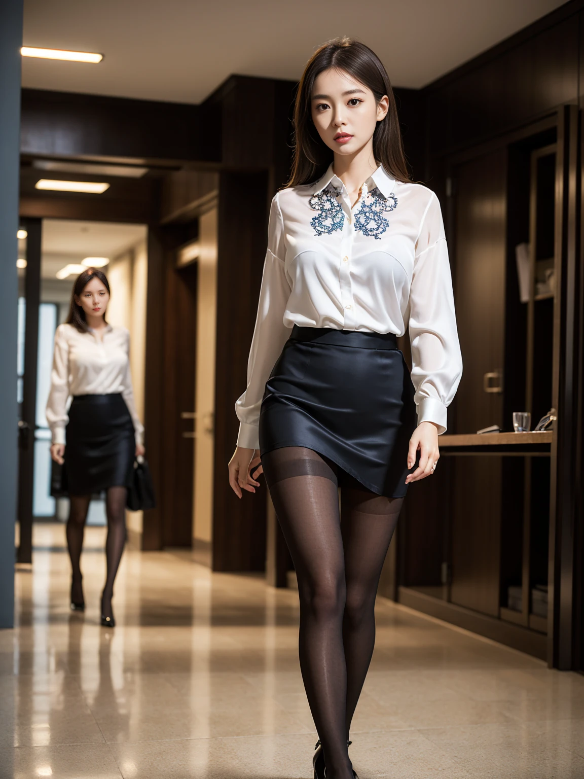 Classy upper class elite secretary in luxury silk blouse, Skirt and thighs、27 years old、height　162cm、Walking down the hallway、Office uniform, (Glossy Pantyhose,Realistic pantyhose)、Working in the office、Wearing an ultra-thin satin blouse, Wear high-quality high heels、 Girl in blouse, Wearing an elegant blouse, When you wear a very thin blouse, Businessman, Blouse and skirt, Wearing a silk blouse, Wear a shirt and skirt, 　　　　　　RAW Photos, (8K、Highest quality、masterpiece:1.2)、(Intricate details:1.4)、(Photorealistic:1.4)、Octane Rendering、Complex 3D rendering with ultra-detail, Soft studio light, Rim Light, Vivid details, Super Detail, Realistic skin textures, Face in detail, Beautiful details in the eyes, Highly detailed CG Unity 16k wallpaper, compensate, (Detailed Background:1.2), Exposed thighs!!!Erotic～！！！！