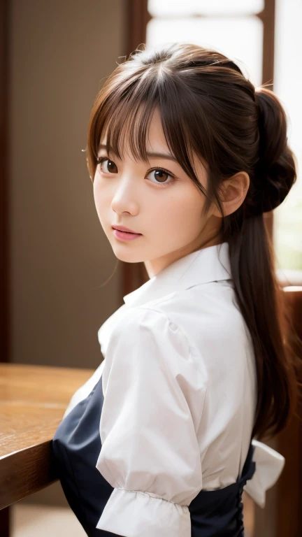 8K, Highest quality, Tabletop:1.2), (Realistic, Photorealistic:1.37), Highest quality, Tabletop, Beautiful young woman, Pensive expression,、attractive、そしてattractive表情, Cute maid outfit, Tie your hair back, Movie Background, Light skin tone、Japanese