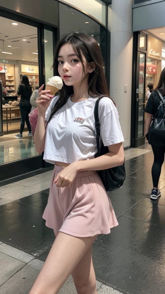 A girl in the mall walking and eating ice cream