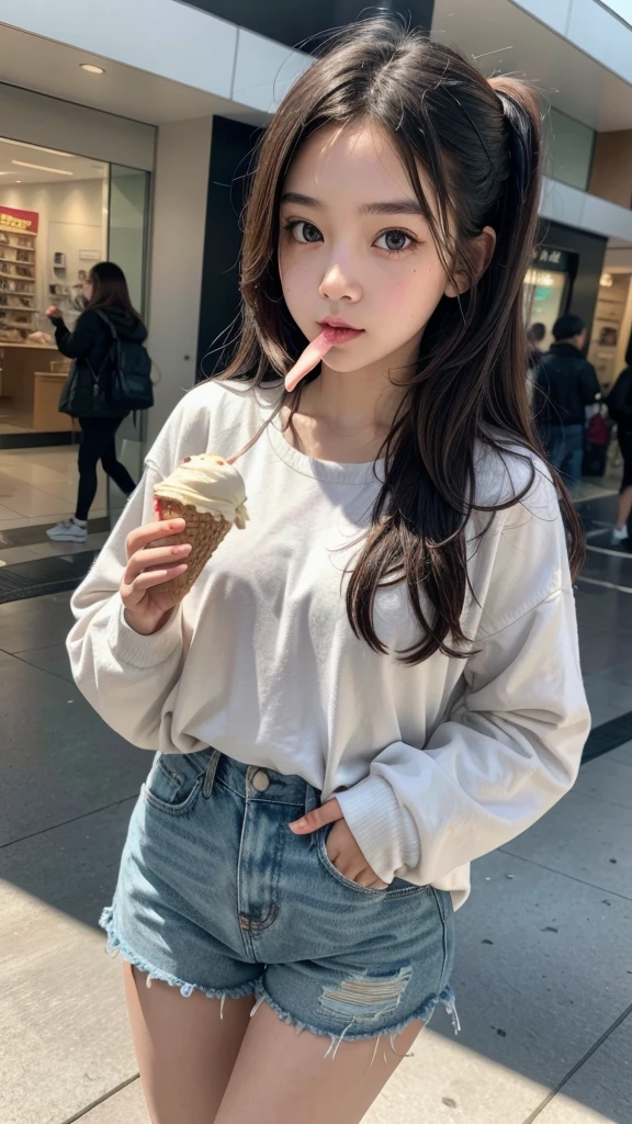 A girl in the mall walking and eating ice cream
