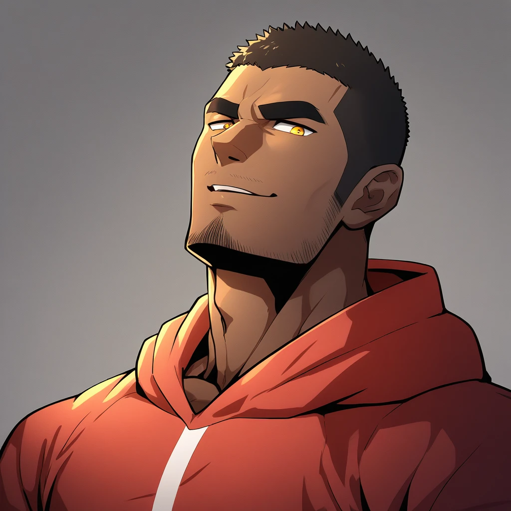 anime characters：Gyee, Young Muscle Sports Teacher, negro black skin, Buzz Cut, Manliness, male focus, Dark red long-sleeved hooded sweatshirt, Very tight, muscular male, muscular, only, Upper body, alone, Black short hair, Thick eyebrows, stubble, Yellow eyes, Grey background, simple background, amazing quality, best aesthetics, Ridiculous, bright pupils, crew cut, parted lips, seductive smile, torogao, naughty face, best quality