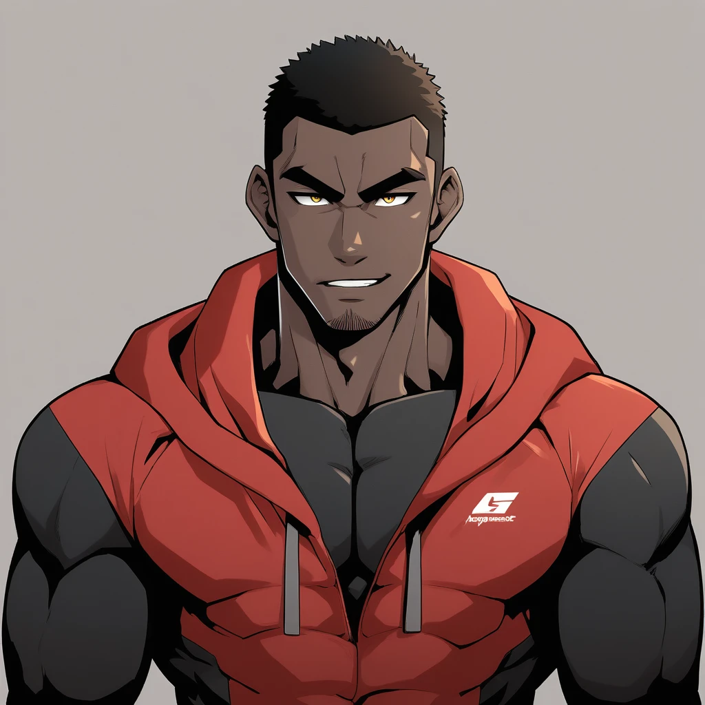 anime characters：Gyee, Young Muscle Sports Teacher, negro black skin, Buzz Cut, Manliness, male focus, Dark red long-sleeved hooded sweatshirt, Very tight, muscular male, muscular, only, Upper body, alone, Black short hair, Thick eyebrows, stubble, Yellow eyes, Grey background, simple background, amazing quality, best aesthetics, Ridiculous, bright pupils, crew cut, parted lips, seductive smile, torogao, naughty face, best quality