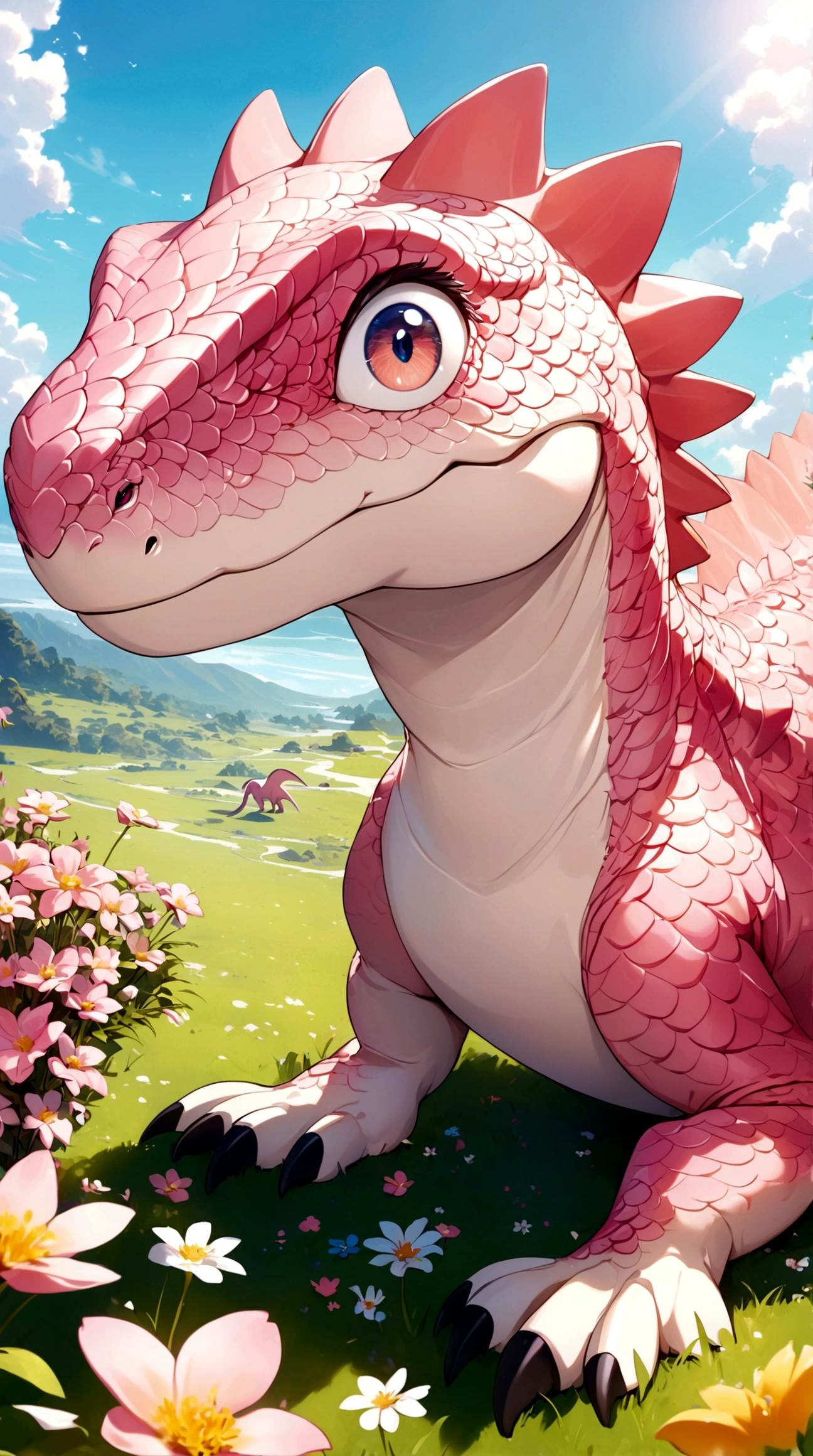 Pink dinosaur, silky smooth dinosaur skin, pink scales, large and bright eyes, gentle gaze, grassy background, sunny day, surrounded by small flowers, dinosaur smiling, dreamlike setting, rich in details, high resolution