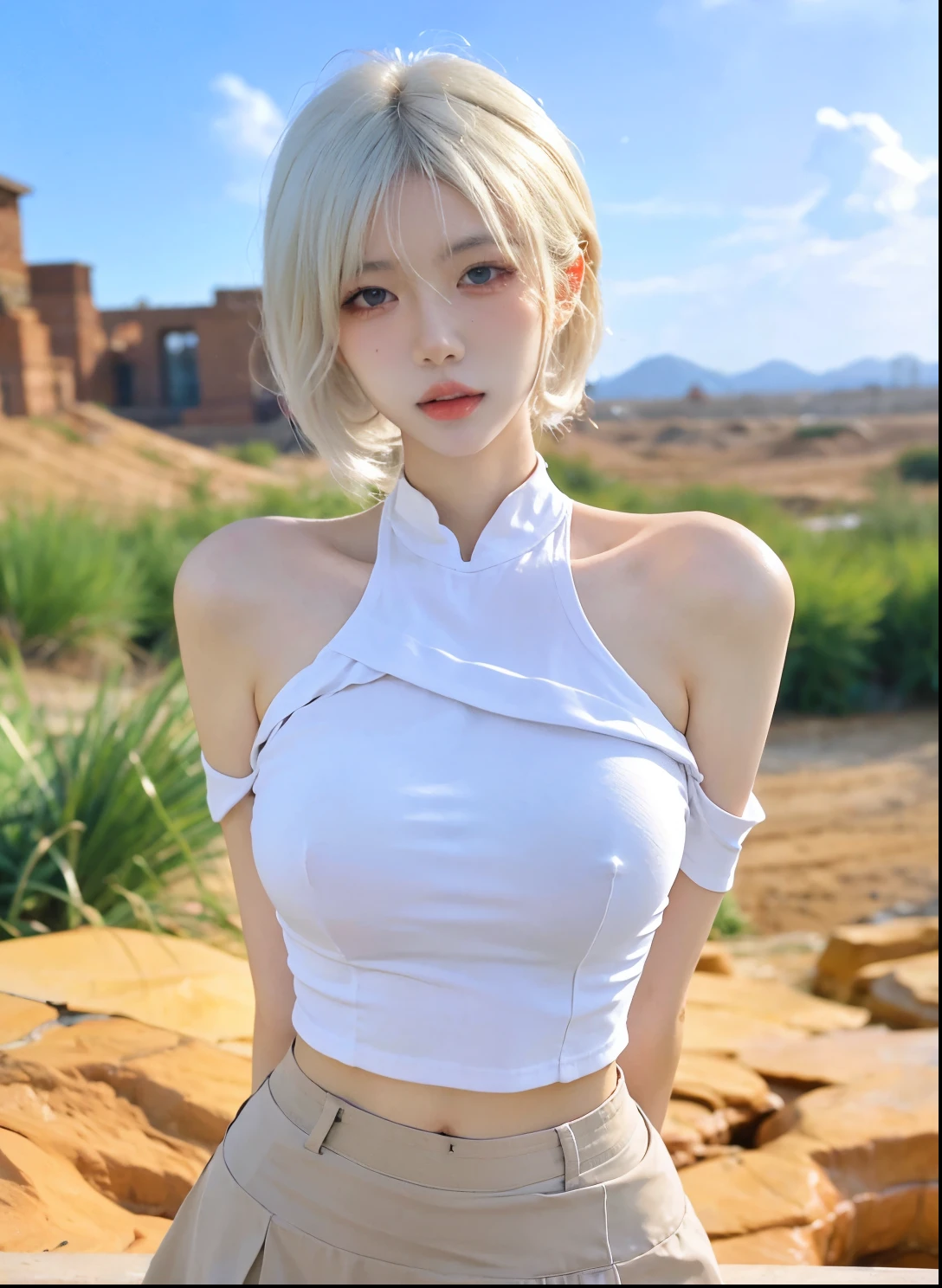 Beautiful woman with perfect figure:1.4,Desert Background,Desert Background,Ultra-high resolution,Seductive laughter,wear glasses,(lifelike:1.4),Layered Hairstyle,White皮肤,Super short pleated skirt,whole body,Very delicate face and skin texture,Double eyelids,Skin Whitening,Long hair,White hair,White,