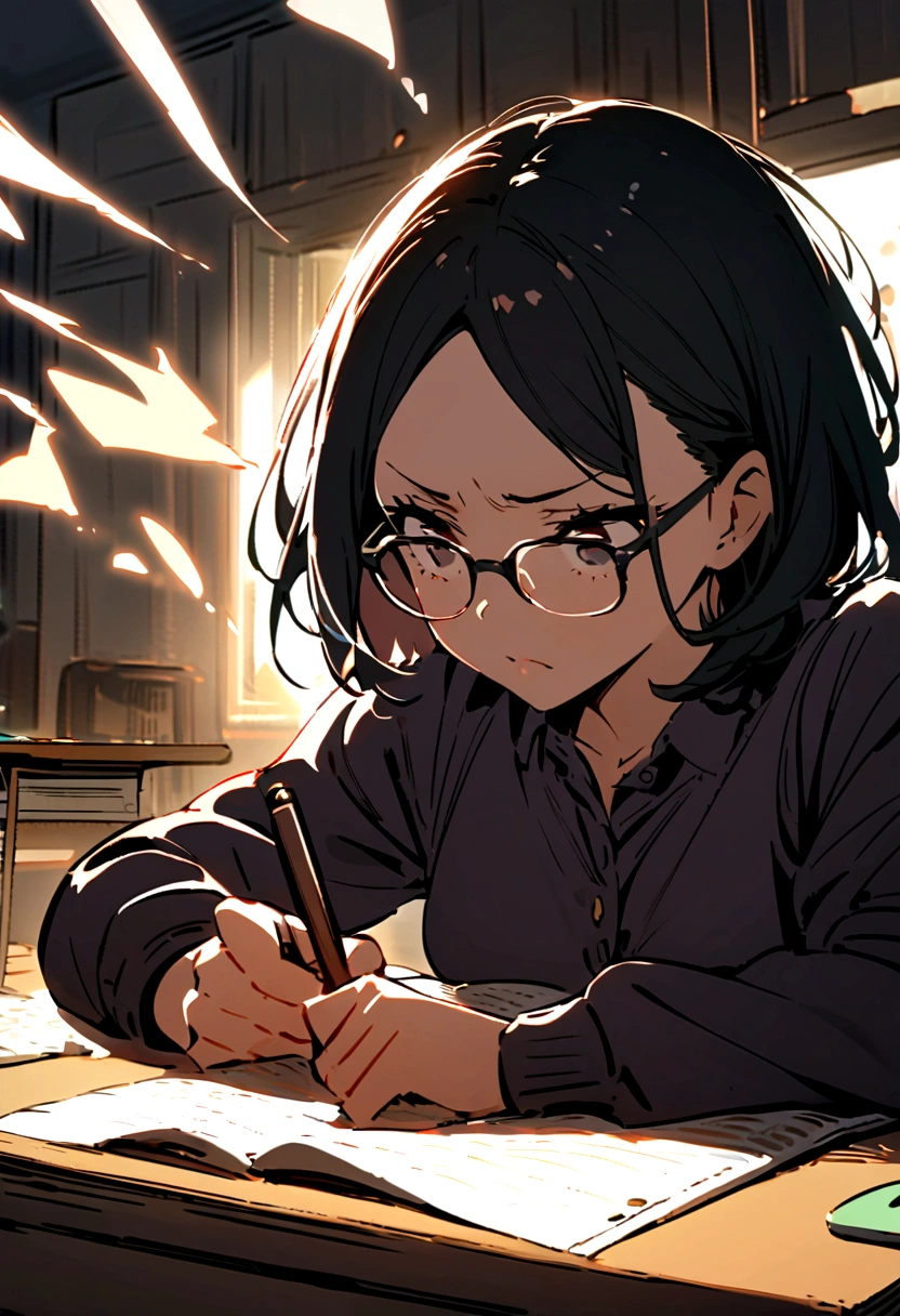 A girl with black short hair(no bangs), wearing glasses,has dark circles under her eyes.studying on her desk while writing, looking frustrated.
