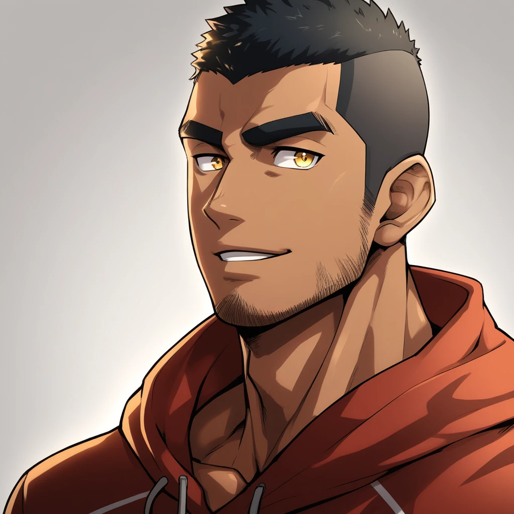 anime characters：Gyee, Young Muscle Sports Teacher, negro black skin, Buzz Cut, Manliness, male focus, Dark red long-sleeved hooded sweatshirt, Very tight, muscular male, muscular, only, Upper body, alone, Black short hair, Thick eyebrows, stubble, Yellow eyes, Grey background, simple background, amazing quality, best aesthetics, Ridiculous, bright pupils, crew cut, parted lips, seductive smile, torogao, naughty face, best quality