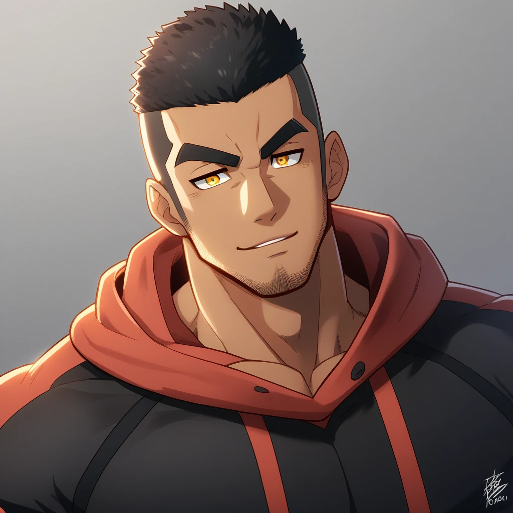 anime characters：Gyee, Young Muscle Sports Teacher, negro black skin, Buzz Cut, Manliness, male focus, Dark red long-sleeved hooded sweatshirt, Very tight, muscular male, muscular, only, Upper body, alone, Black short hair, Thick eyebrows, stubble, Yellow eyes, Grey background, simple background, amazing quality, best aesthetics, Ridiculous, bright pupils, crew cut, parted lips, seductive smile, torogao, naughty face, best quality