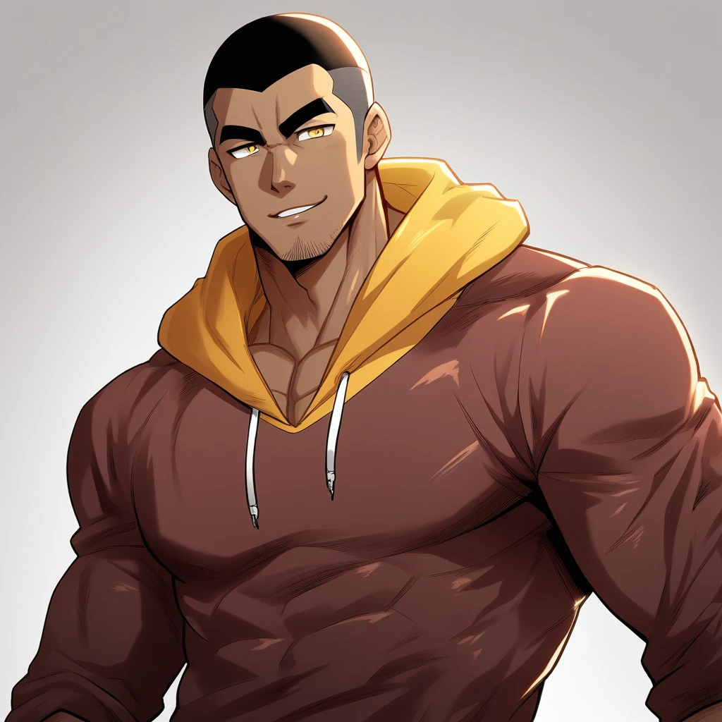 anime characters：Gyee, Young Muscle Sports Teacher, negro black skin, Buzz Cut, Manliness, male focus, Dark red long-sleeved hooded sweatshirt, Very tight, muscular male, muscular, only, Upper body, alone, Black short hair, Thick eyebrows, stubble, Yellow eyes, Grey background, simple background, amazing quality, best aesthetics, Ridiculous, bright pupils, crew cut, parted lips, seductive smile, torogao, naughty face, best quality