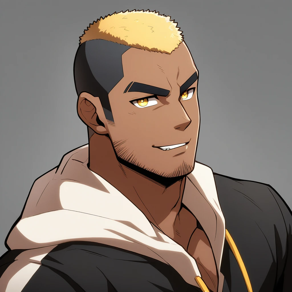 anime characters:Gyee, Young Muscle Sports Teacher, negro black skin, Buzz Cut, Manliness, male focus, Dark red long-sleeved hooded sweatshirt, Very tight, muscular male, muscular, only, Upper body, alone, Black short hair, Thick eyebrows, stubble, Yellow eyes, Grey background, simple background, amazing quality, best aesthetics, Ridiculous, bright pupils, crew cut, parted lips, seductive smile, torogao, naughty face, best quality