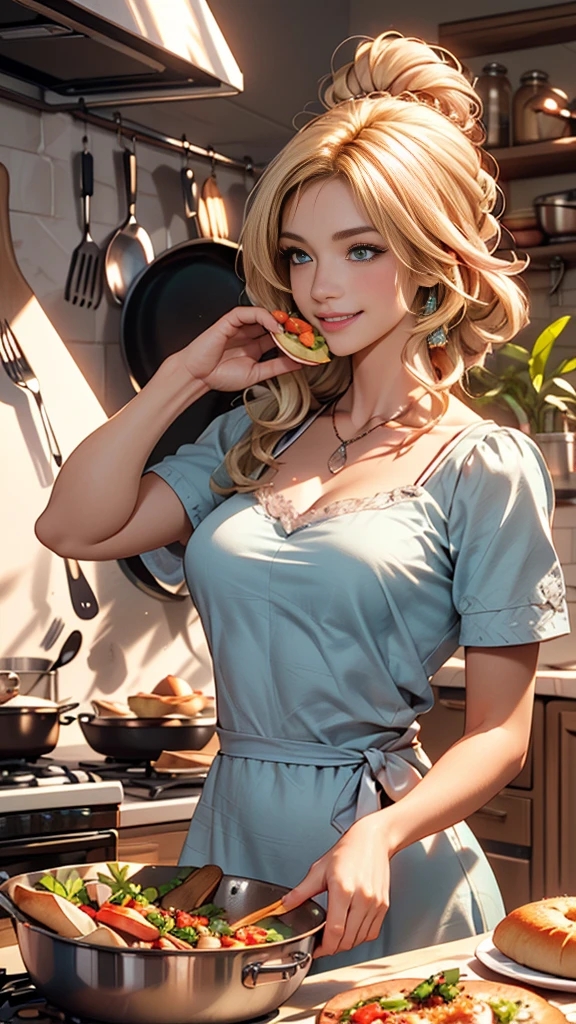 Delicate and beautiful CG art),(highest quality, Very detailed, High resolution),(Dynamic Angle, Dynamic Lighting),(One character),(Long pink and blonde hair), blue eyes, Beautiful Face), 1 girl, (Long sideburns, plant, smile, long blue dress, kitchen, cooking, food