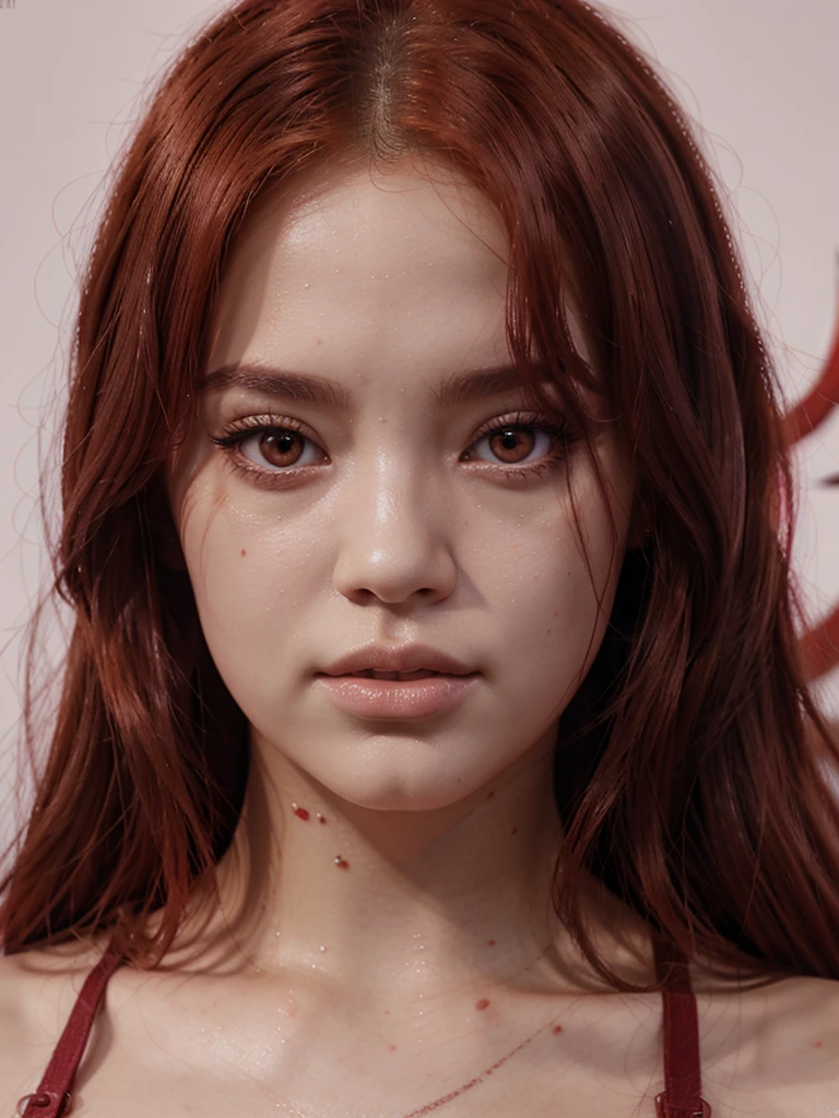 
painting realistic of rosè by blackpink as a demon with red hair , skin and eyes. detailed and proportioned. high quality too.