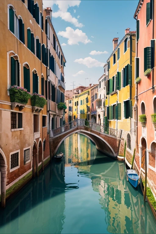 A serene canal scene in Venice, painted in the style of Alfred Sisley, featuring gondolas gently gliding through the water. The composition includes a tranquil waterway flanked by historic buildings, capturing the subtle reflections on the water’s surface. The sky is a soft gradient of blue, adding to the calm atmosphere. Horizontal lines of the canal and vertical lines of the buildings create a balanced and structured composition. Gracefully arched bridges span the canal, drawing the viewer’s eye into the depth of the scene. The gentle play of light and shadow highlights the textures of the architecture and the water. Gondolas, with their gondoliers, navigate the canal, adding a dynamic yet peaceful element. The overall effect is one of peacefulness and gentle beauty, characteristic of Sisley’s impressionist style.
