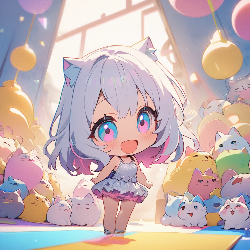 masterpiece、Highest quality、Depth of subject、２D illustration、1 beautiful girl、独奏, (((chibi style)))、Long, beautiful hair、Shiny silver hair、cute、Beautifully detailed eyes、((Tank top))、a glass of lemon soda, ((colorful))、mini skirt、((happy smile))、((kitten cluster)), ((full body shot))、((in the room))、((There&#39;s a lot of pink around))、Thighs、((vivid color))、sparkle、((Lens flare))、