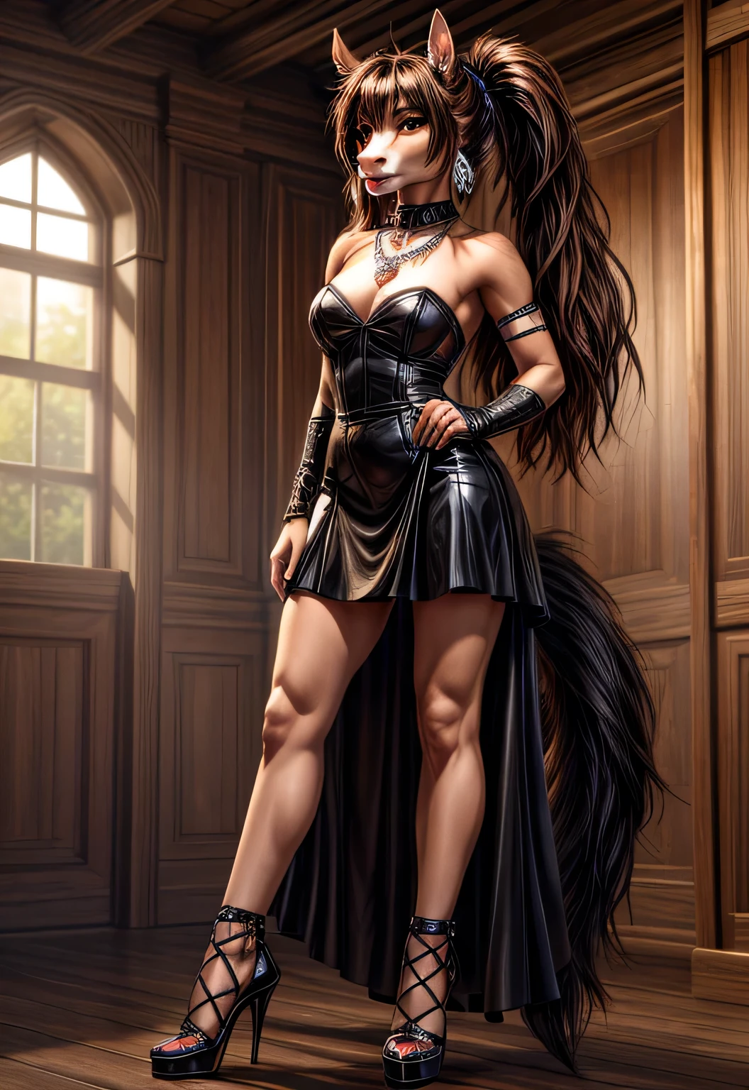 UHD 8k, HDR+, cute Black anthro female horse with a necklace, large piercing brown eyes, huge earrings, giant earrings, Black with pigtails, fluffy horse with a Black fluffy tail, Black leather high heel shoes, High heels, Black gothic dress, Against the background of the field, detailed background, realistic, 1girl, solo girl, 20 year old girl, ultra realistic face, hyperrealistic, hyperdetailed, (looking at viewers), sharpen, detailed face, detailed eyes, detailed lips, red lips, beautiful face, 16k, FHD, raw photo, cute face mesh, pretty face mesh, portrait shot 8