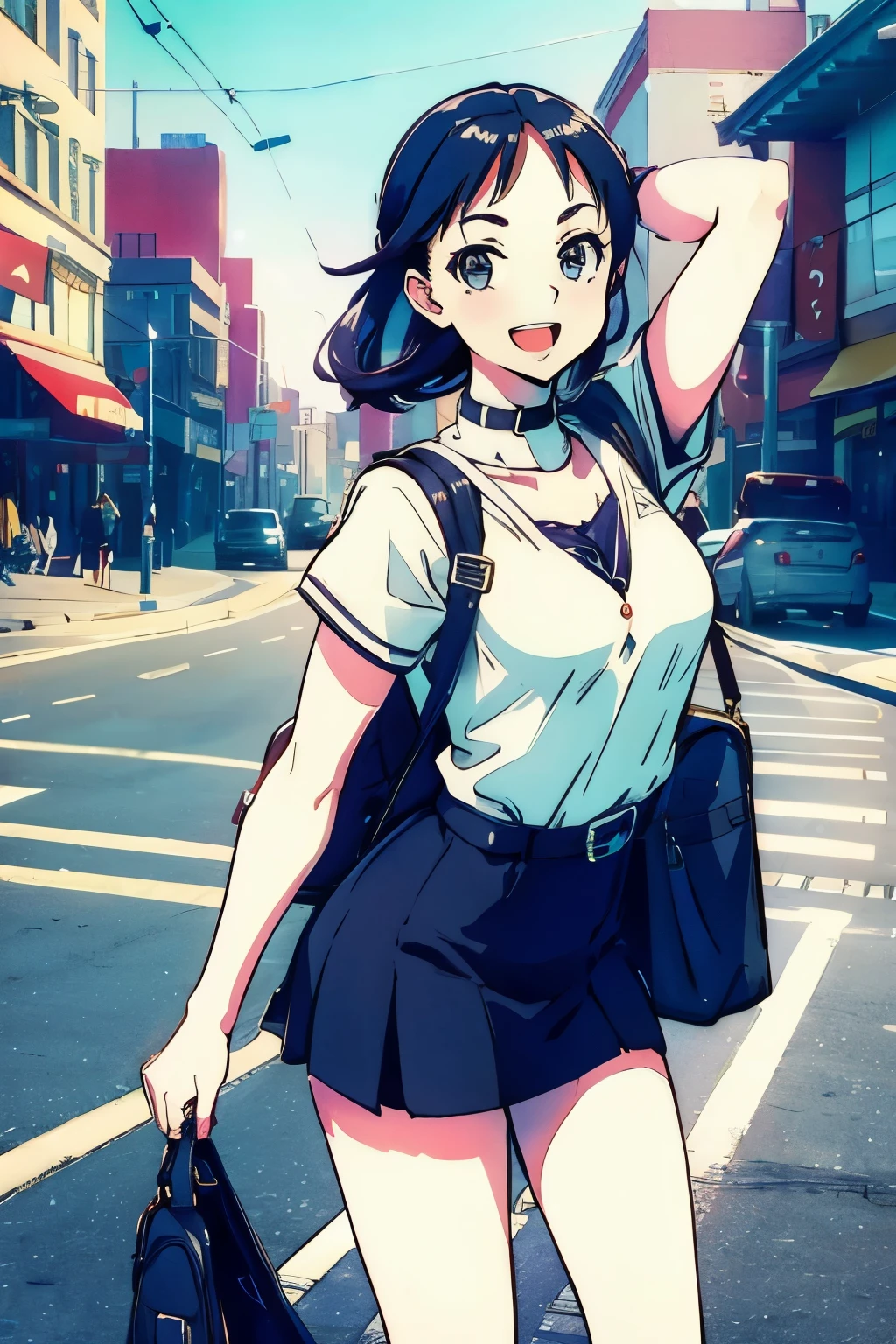 masterpiece, Highest quality, One High School Girl 10.0,Very detailed,Rin々Nice face,Open Mouth Smile,Black eyes,Legs visible through a short skirt,Natural Beauty,Cinematic,Medium chest,Walking in the downtown area,Carrying a backpack,Showing from the knees 10.0,