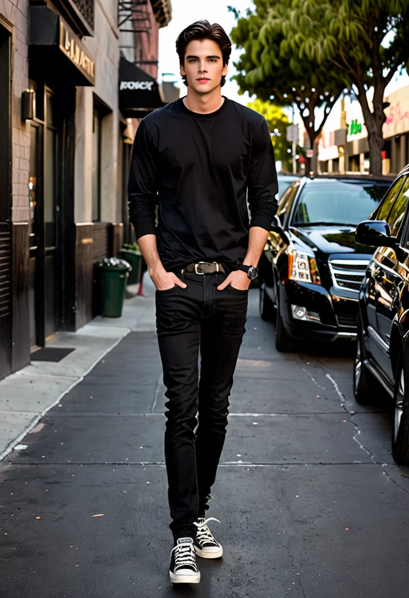 A Handsome Hollywood Actor, about 20 years old, has straight dark brown hair and eyes the same color. Her fair skin contrasts with a black long-sleeved t-shirt., matching with your black jeans. on the feet, he wears black All Star sneakers. He's at a lively party in a luxurious penthouse at night, in the heart of New York, where city lights blend with the twinkling of stars in the night sky