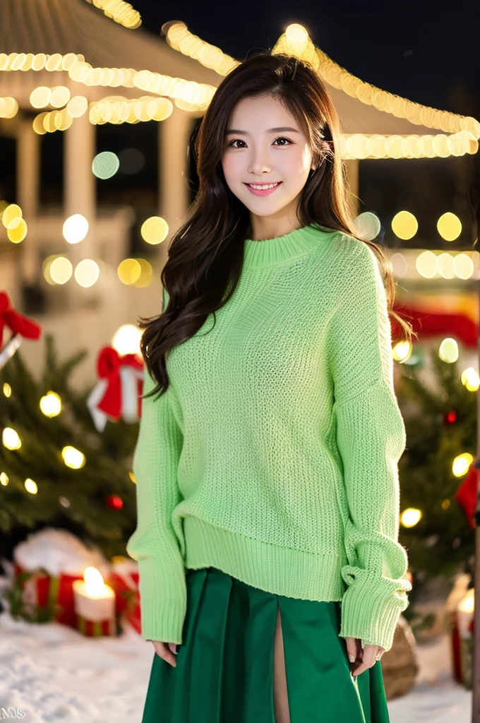 masterpiece, Top quality, high resolution, Beautiful 25 year old woman, Unsexy winter fashion, wearing a green sweater, White skirt, Medium Length Hair, Small Breasts, Natural lips, Smile, Beautiful city view on Christmas Eve, ((Gorgeous Christmas tree lighting background)), Looking at the camera, (full-body shot),