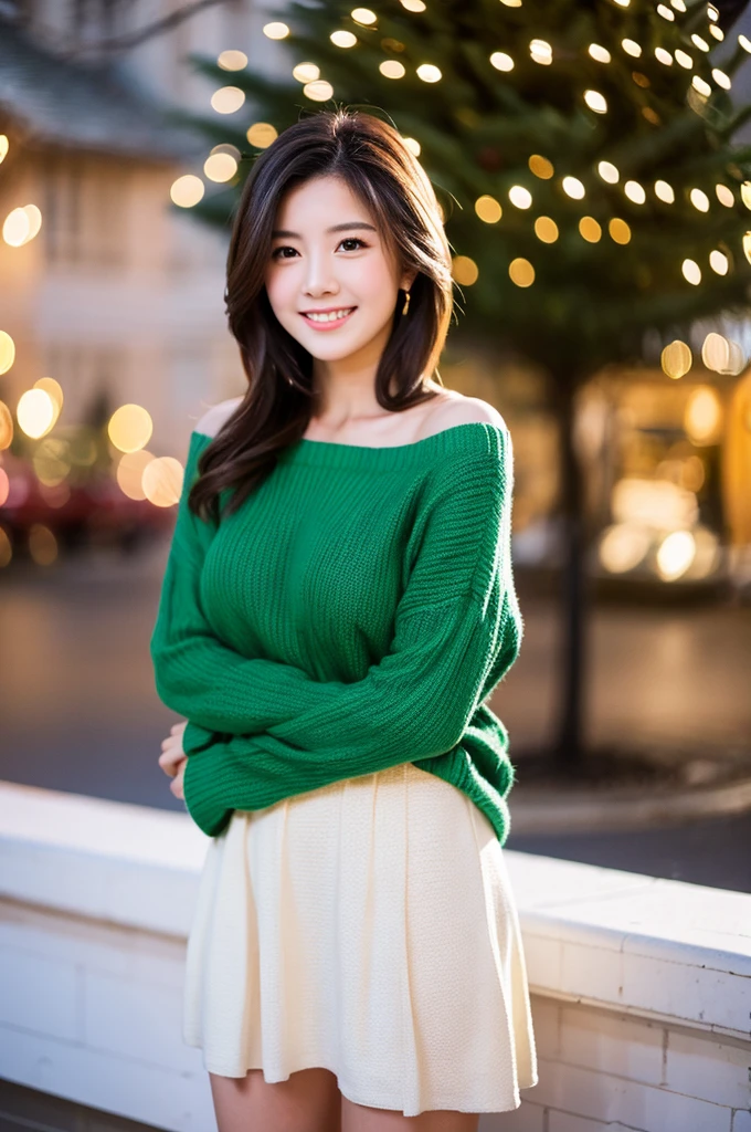 masterpiece, Top quality, high resolution, Beautiful 25 year old woman, Unsexy winter fashion, wearing a green sweater, White skirt, Medium Length Hair, Small Breasts, Natural lips, Smile, Beautiful city view on Christmas Eve, ((Gorgeous Christmas tree lighting background)), Looking at the camera, (full-body shot),