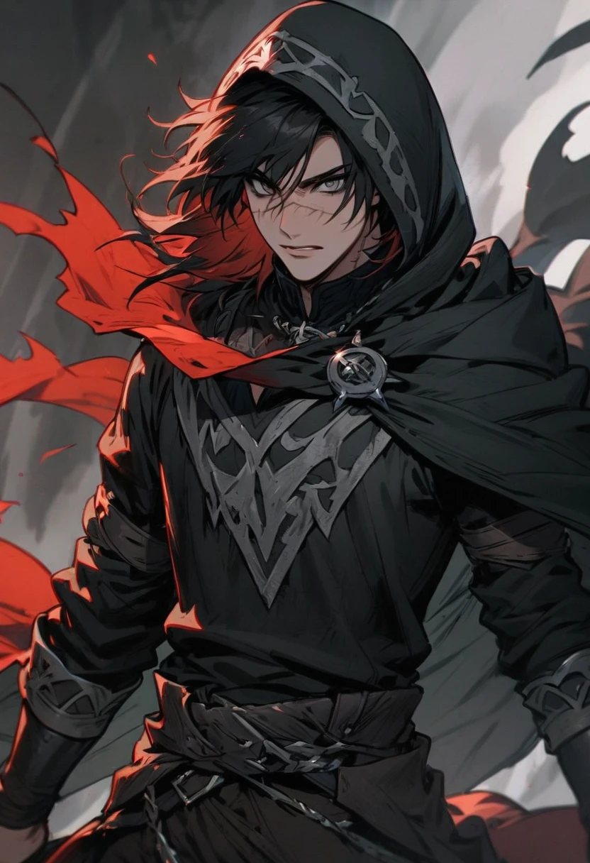 young man ,Male Dark, Red & Black colors, gray eye, rogue dnd, wear cape, hood, have scar