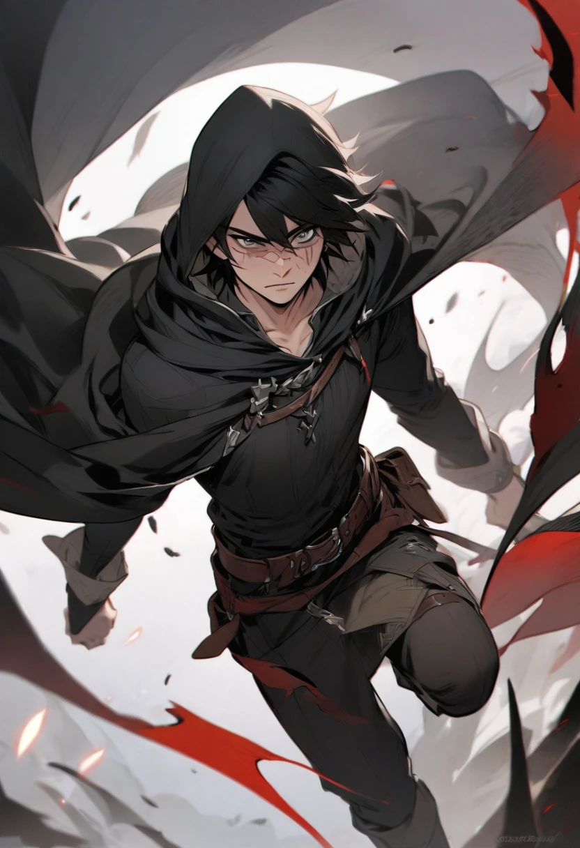 young man ,Male Dark, Red & Black colors, gray eye, rogue dnd, wear cape, hood, have scar