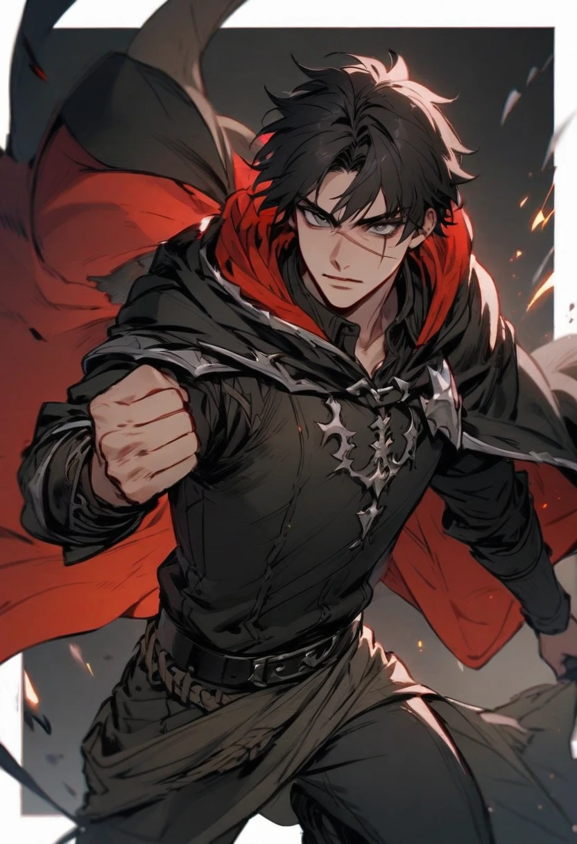 young man ,Male Dark, Red & Black colors, gray eye, rogue dnd, wear cape, hood, have scar