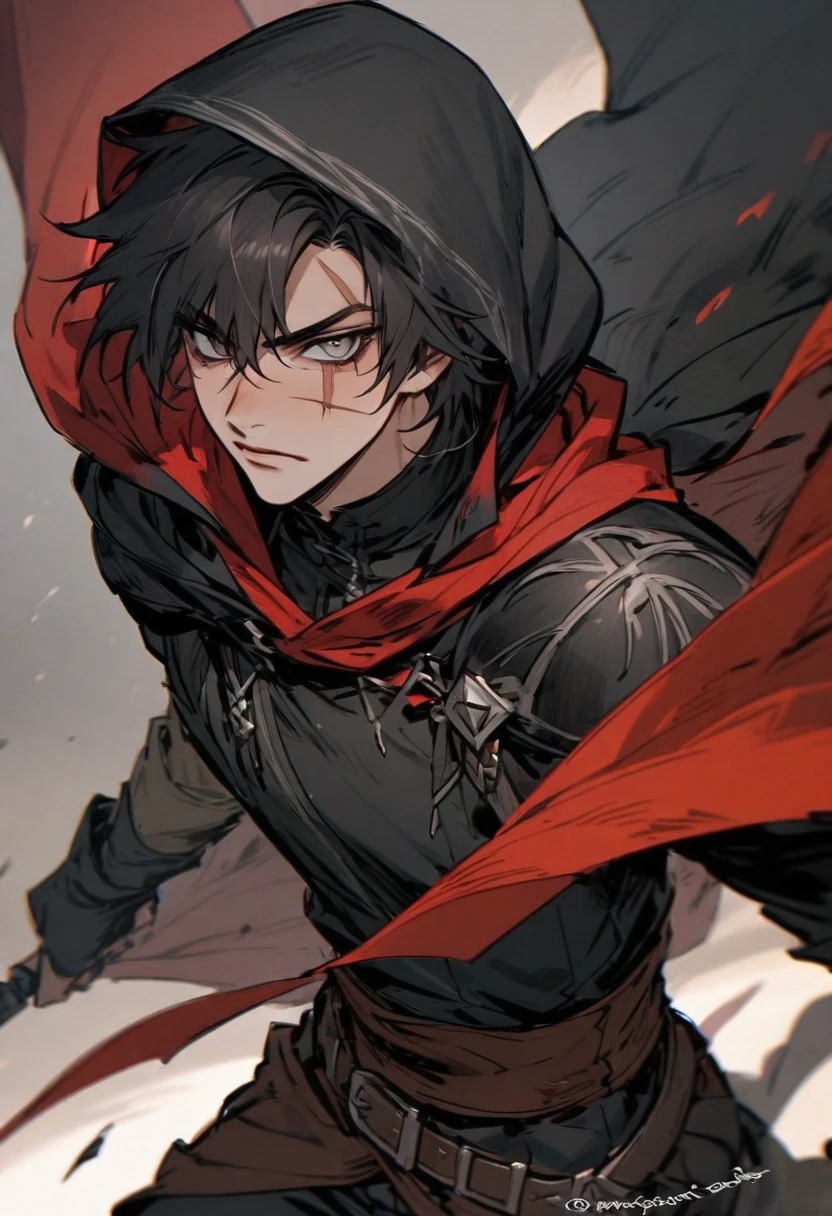 young man ,Male Dark, Red & Black colors, gray eye, rogue dnd, wear cape, hood, have scar