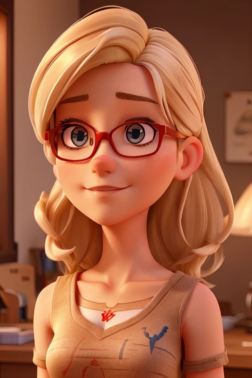 30 year old woman, blonde mixed hair, eyes large, with red glasses, skin fair,light brown eye color, shoulder length hair,thick lips, with tattoo on shoulder,