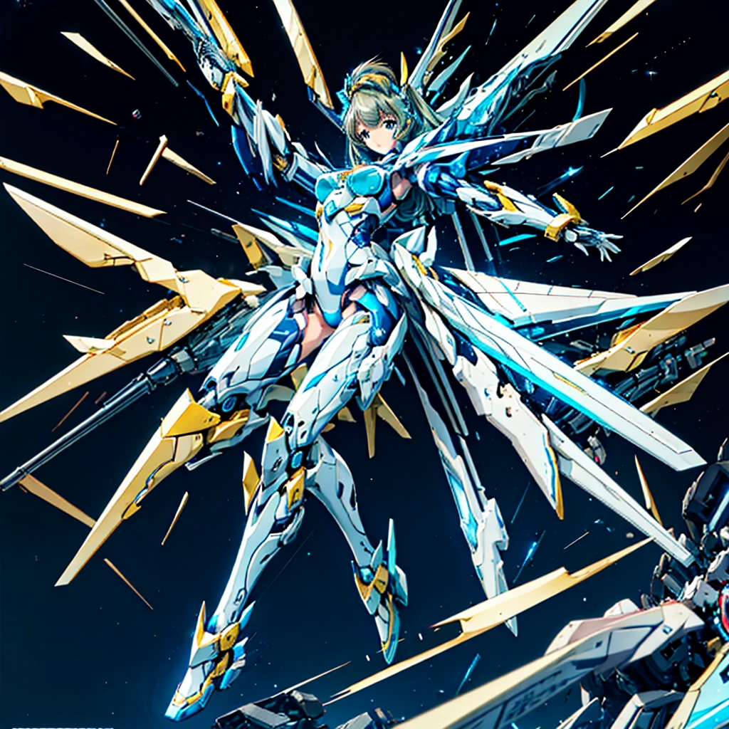 masterpiece, high quality, Cyborgization、Gynoid Cyborg Body、The face is of Minami ori.、mechanical parts、Blue and white leotard armor、solo focus、Single image、from front, full body、Mechabare、damage、The body is destroyed, exposing the precision machinery、Barcode on thigh