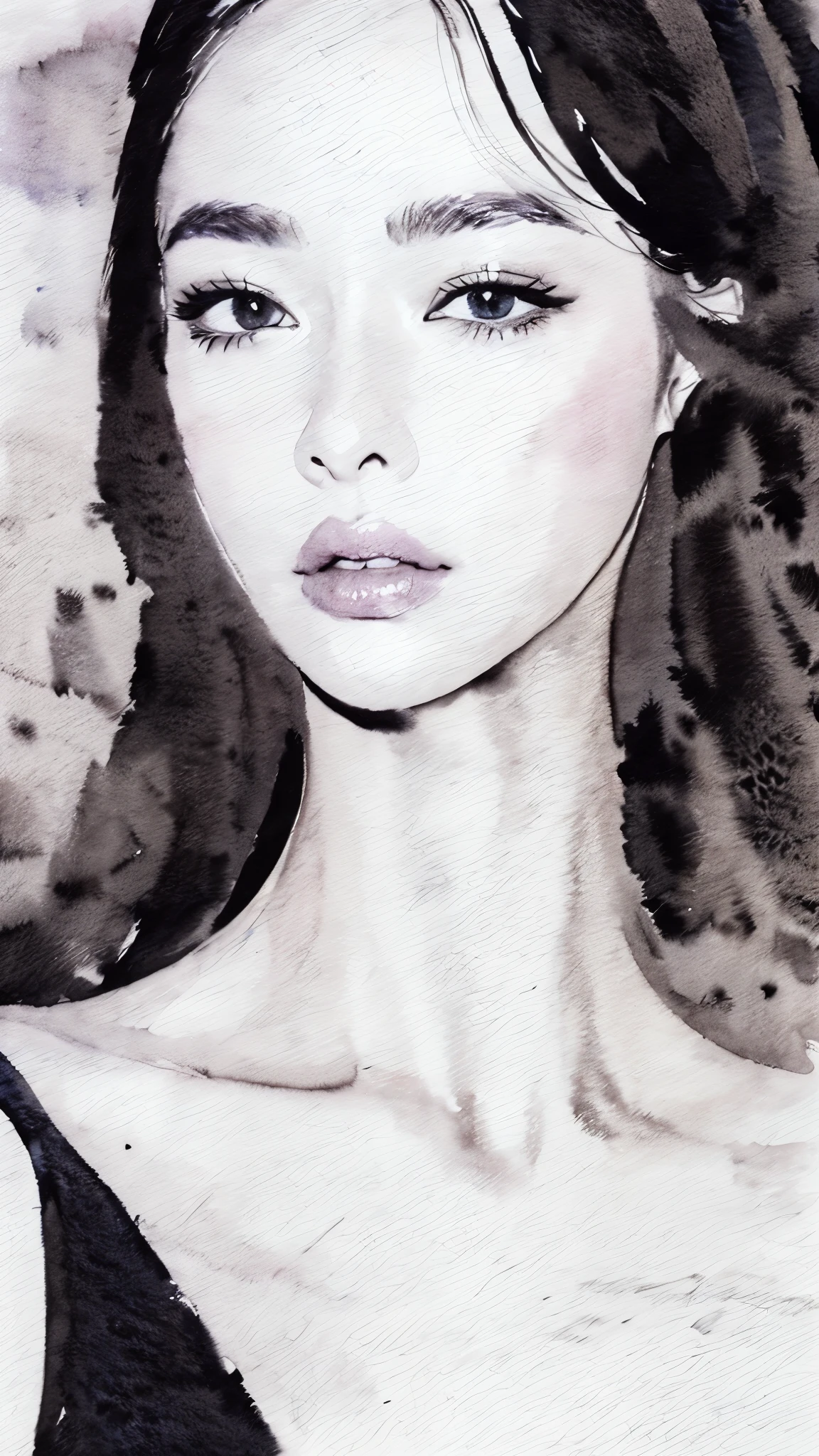 (masterpiece:1.2),(Highest quality),(Very detailed:,(High resolution),((Watercolor)),((Monochrome)),8K,Woman Drawing,Beautiful Japanese Woman,((Black Hair)),Short Bob,Close-up of face