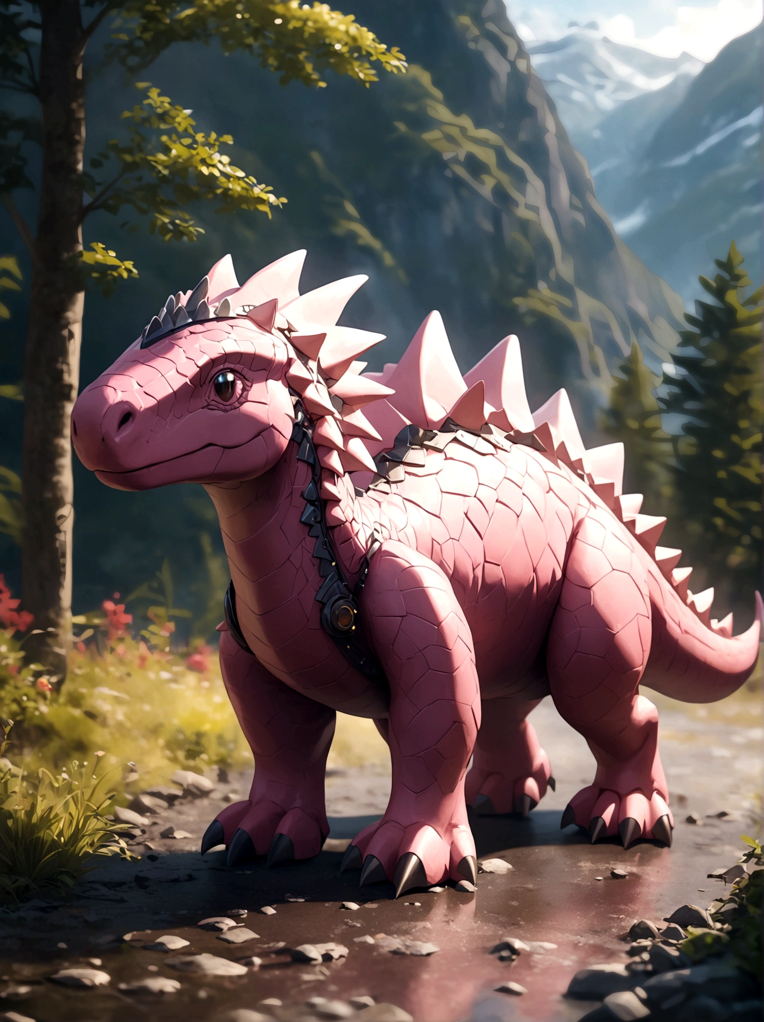 solo, full body, outdoors, blurry, no humans,Pink dinosaur,