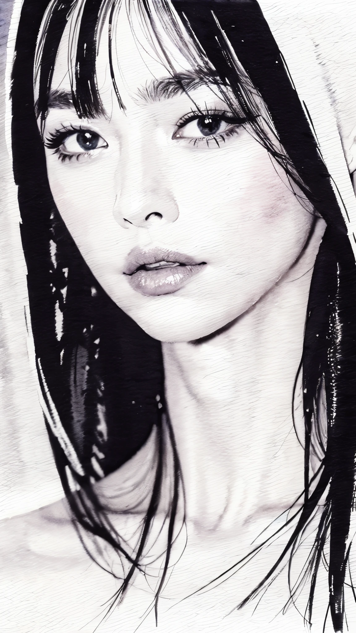 (masterpiece:1.2),(Highest quality),(Very detailed:,(High resolution),((Watercolor)),((Monochrome)),8K,Woman Drawing,Beautiful Japanese Woman,((Black Hair)),Short Bob,Close-up of face