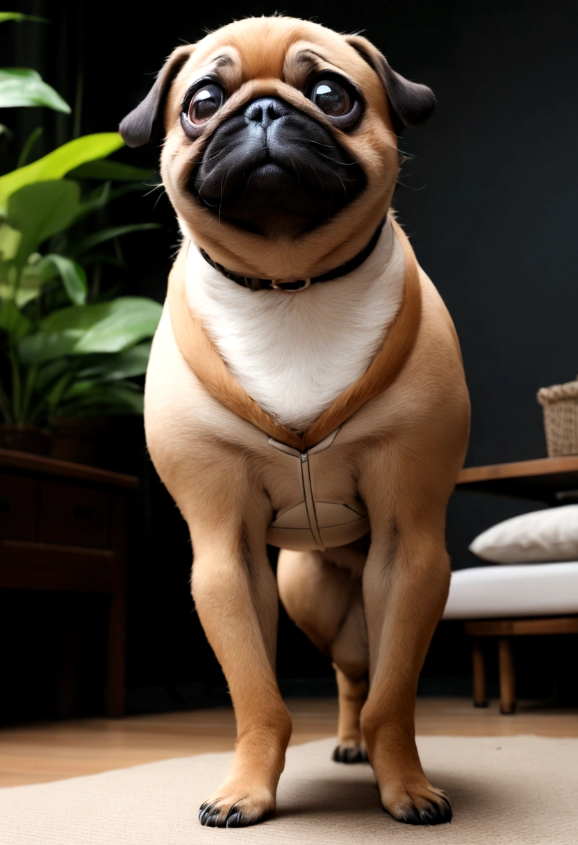 ((Raw photo)), ((masterpiece)), Anthropomorphic pug dog 2Standing on my feet Color: Fawn 3D Real