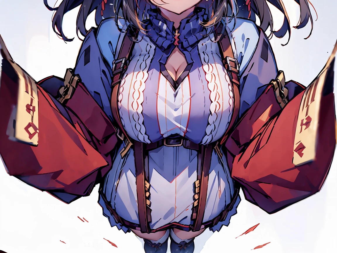 (masterpiece:1.2), (high quality:1.2), (character design sheet, same character, front, side, back), illustration, (hui xiyi, rekkyo sensen, rekkyou sensen, black hair, bangs, one side up, long wavy hair, hair clips, hand up, waving is hands, perfect hands, perfect fingers, exposed breasts, tits cleavage, breasts close up, suspenders, dress, belts, blue clothes, frills shirt, white knit sweater, long sleeves, white legwear, single legwear, pumps, full body:1.55), background with(simple background, white background: 1.3))