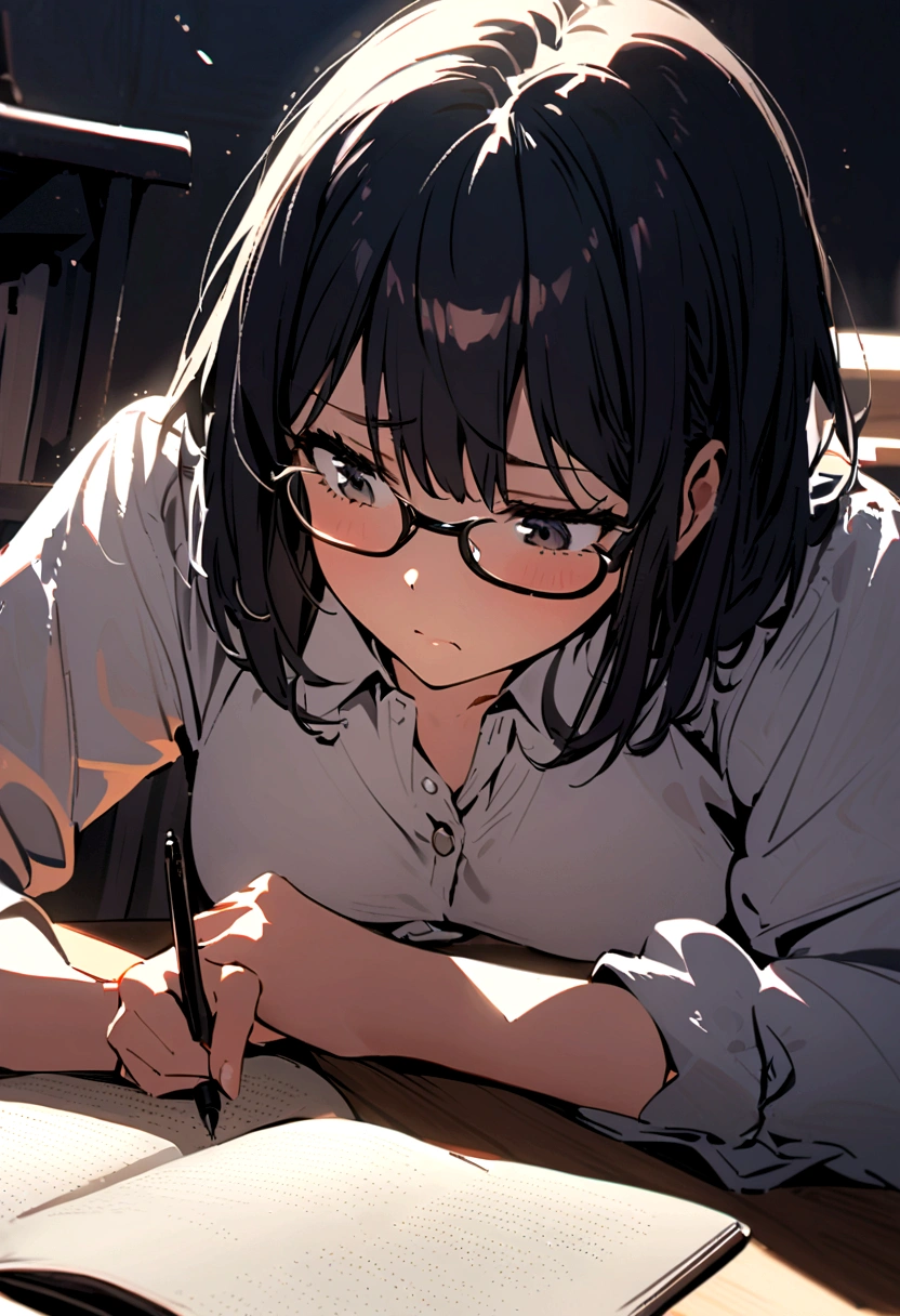 A girl with black short hair(no bangs), wearing glasses,has dark circles under her eyes.studying on her desk while writing, looking tired.